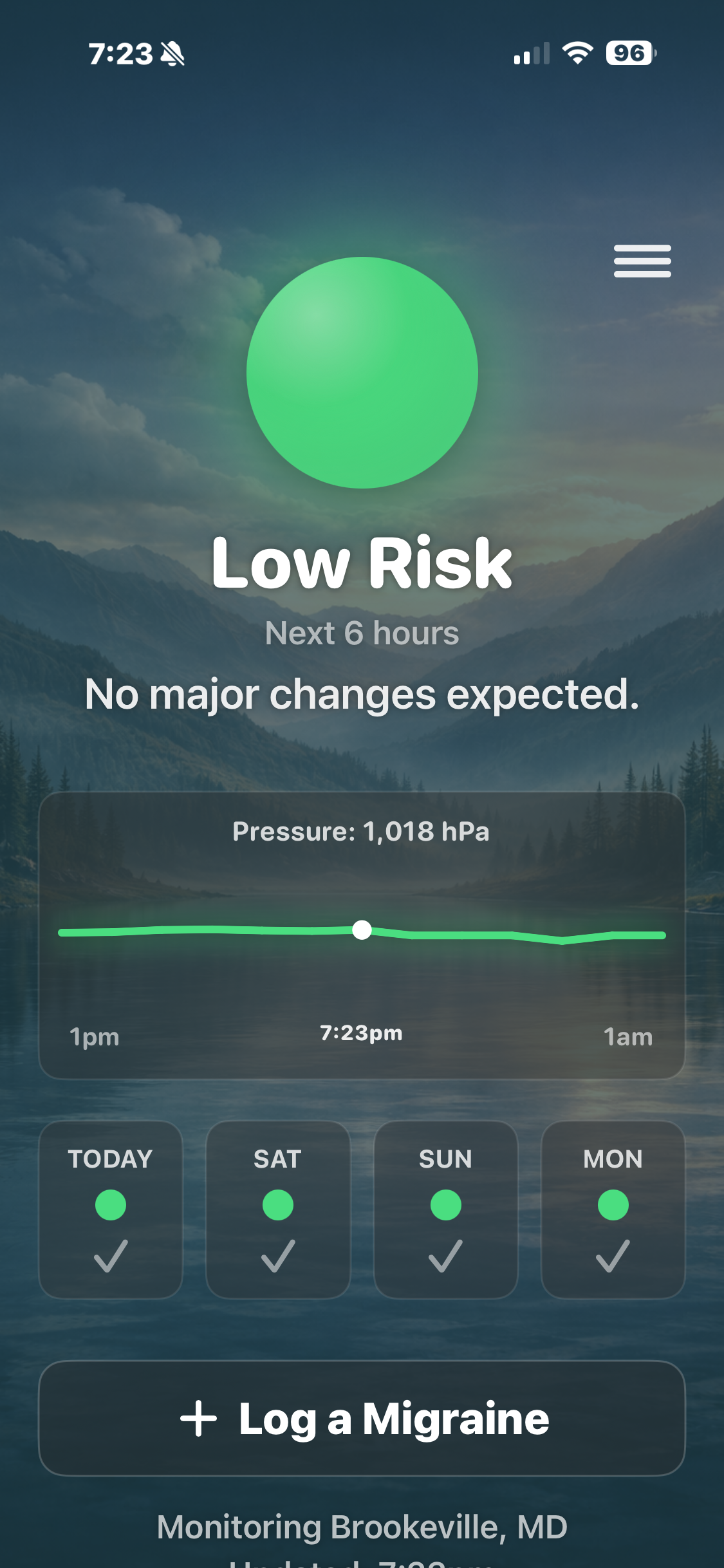 Migraine Weather app showing Low Risk status